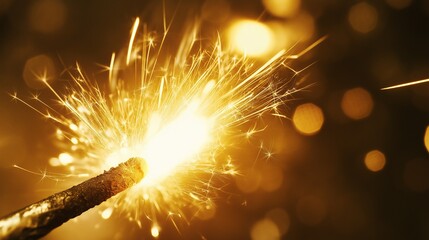 Close-up of a sparkler burning with a golden light and bokeh effect against a dark background, for New Year or Christmas party.