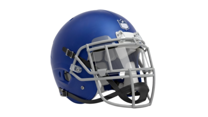 A blue american football helmet with face mask on transparent background