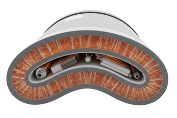 Cross-section of curved insulated technical component with layers on a transparent background