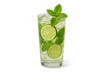Refreshing mojito cocktail with fresh lime slices, green mint leaves, and ice cubes, transparent background