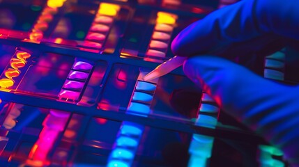 Scientist's gloved hand examines a tray of glowing biological samples in vibrant, colorful illumination