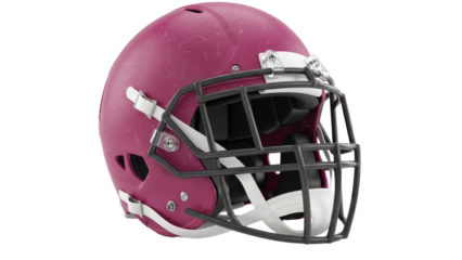 A detailed view of a pink football helmet with a face mask on transparent background