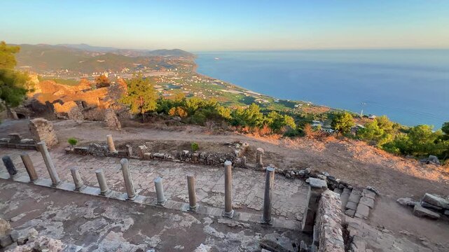Ruins of the ancient Roman port city of Siedra in Alanya, Antalya, Turkey. The street and ruins of the ancient abandoned ancient city of Siedra on the Mediterranean coast. 4К
