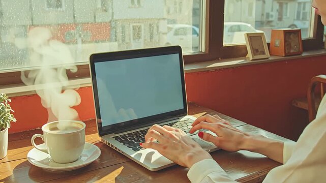 Woman using laptop near cup of coffee with steam by window
