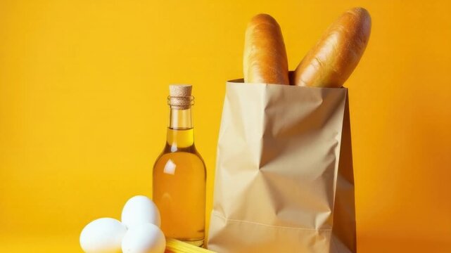 Video Bag of bread, eggs, and wine on table