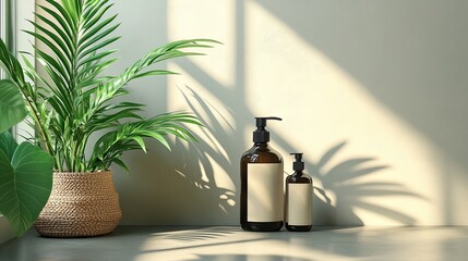 Stunning amber soap dispensers sit beside lush potted palm plant bathed in warm afternoon sunlight with dramatic shadows