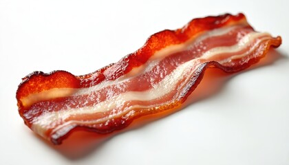 Close up of single cured bacon slice with crispy edges. Red meat with white fat layers. Food ingredient on white background for cooking recipes.