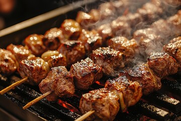skewers of grilled meat, barbecue grilling skewers of meat over hot coals. smoke rises as food cooks, creating a lively atmosphere