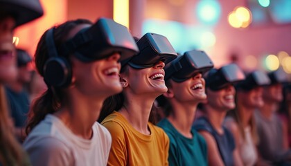 Group of friends laugh while wearing VR headsets watching a show or game. People experience virtual reality together in a dim lit theater, sharing joy.