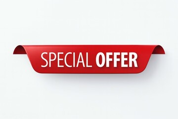 Vibrant red ribbon banner announcing special offer with elegant gold text on a clean white background