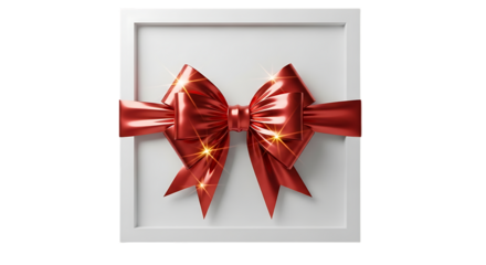 Shiny red ribbon bow tied around a white rectangular frame for gifts