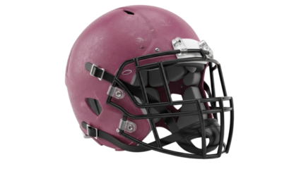 Detailed view of a maroon football helmet with a black face mask on transparent background