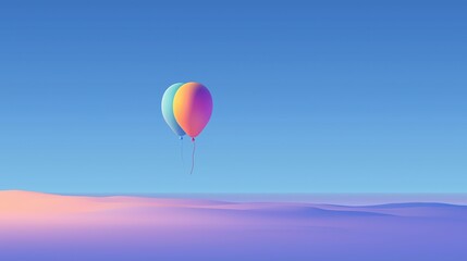 A single colorful balloon flying in the blue sky above a desert, with a minimalistic pastel gradient background.