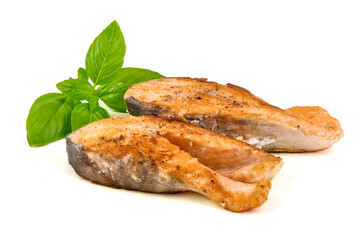Grilled Salmon Steak with Basil, isolated on white background