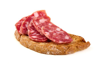 Salami on Bread Slice, isolated on white background