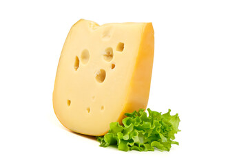 Cheese Wedge with Lettuce, isolated on white background