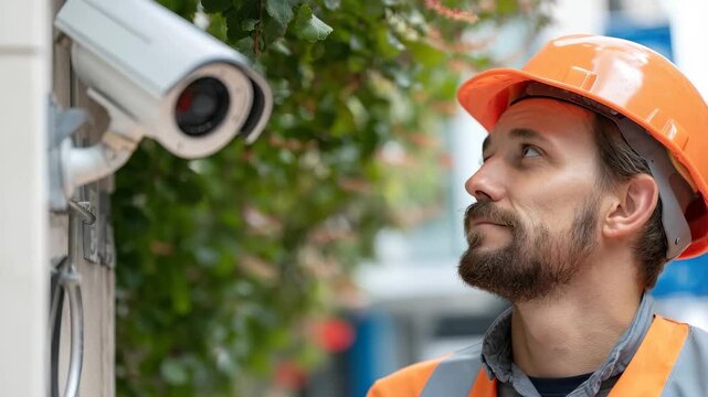 Professional installer mounting security camera outside on a sunny day in an urban environment