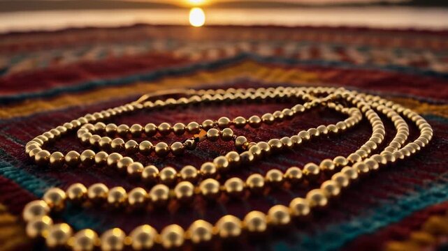 Video A detailed view of a beaded necklace laid out on a blanket, great for use in jewelry or craft promotions
