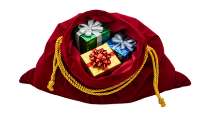 A red velvet santa sack overflowing with colorful christmas gifts and presents