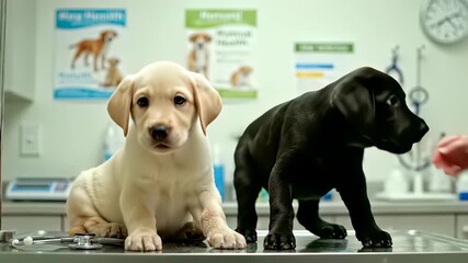 Two adorable Labrador Retrievers, symbolizing loyalty, trust, and unconditional love, sit comfortably on a table in a veterinary office setting, surrounded by the soothing sounds of a ticking.