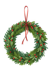 Red Ribbon Bow and Berry Accents on Evergreen Circle, Christmas Door Wreath png, Decorative Evergreen Ring with Red Bow for Christmas Styling. Green Christmas Wreath Ornament png, Chrismas home decor.
