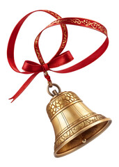 Golden Christmas Bell Ornament png, Red Ribbon Hanging Decoration for Holiday bell. Elegant Holiday Ornament for Christmas Styling. Intricate Golden Ornament with Red Ribbon for Winter Celebrations. 