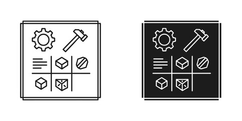 Engineering icons showcase industrial processes and manufacturing, perfect for technical illustrations and modern design projects requiring a clean, precise style