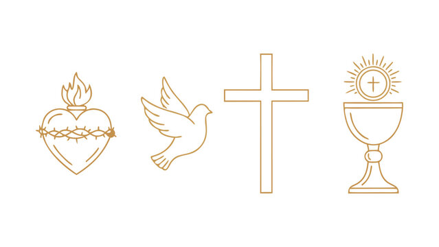 A clean, minimalist vector line art illustration featuring four essential Christian symbols, the Sacred Heart, the Holy Spirit Dove, the Cross, and the Eucharist.