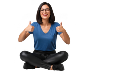 Young woman with glasses sitting cross legged giving thumbs up isolated on transparent background