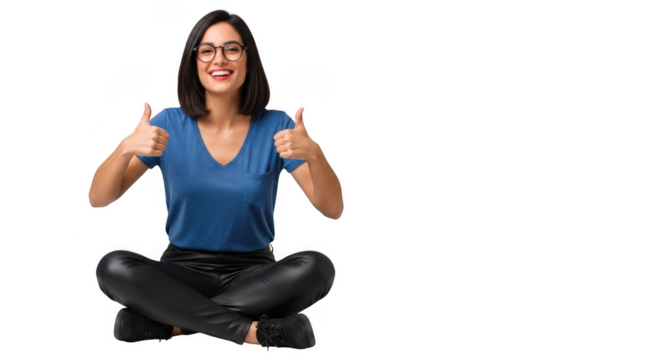 Young woman with glasses sitting cross legged giving thumbs up isolated on transparent background - Powered by Adobe
