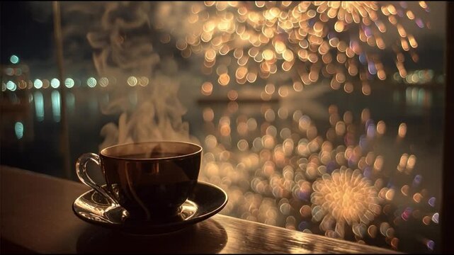 Coffee steaming while fireworks light up the night