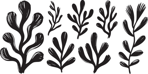 Coral reef or seaweeds vector underwater plant icons. Naive style leaves, algae or fronds. Hand drawn vector ink illustration. Modern style organic corals, aesthetic underwater plants and branches