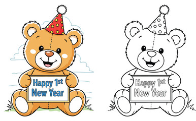 Cute teddy bear holding Happy 1st New Year sign coloring page. Vector illustration of cartoon bear with party hat for kids educational activity or greeting card.