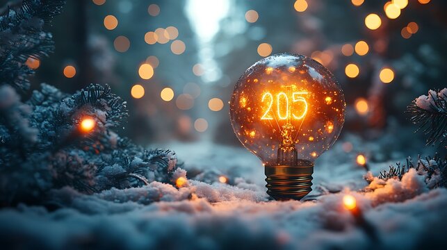 Glowing Edison Bulb With Number 205 In Snowy Winter Landscape light bulb filament photo