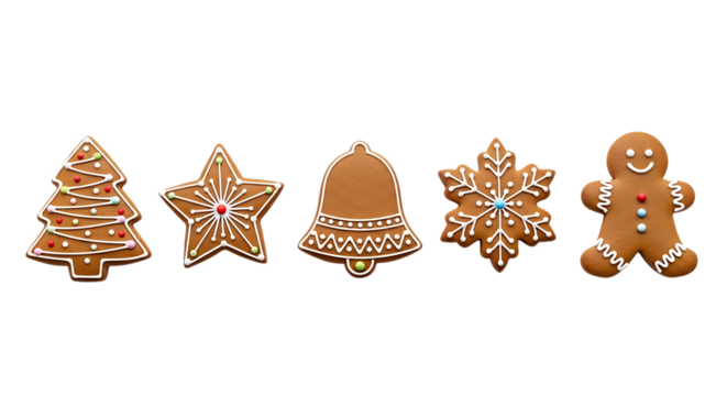 Five decorated gingerbread cookies in festive christmas shapes on a black background
