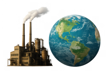 Industry pollution impacting earth, factory smokestacks emitting smoke, global warming and climate change concept