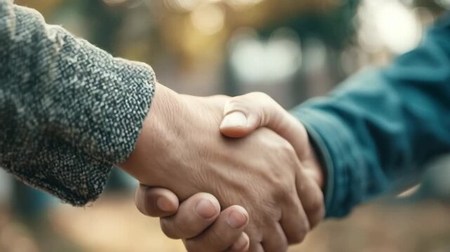 Two individuals engaging in a handshake in an outdoor setting highlighting partnership and collaboration during a sunny afternoon in the park