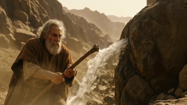 Biblical story of Moses striking a rock to bring forth water in the desert. A divine miracle from the Old Testament. Depiction of faith, hope, and leadership