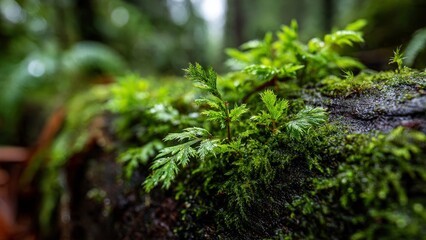 Moss and Ferns Thrive on Decaying Log in Forest

