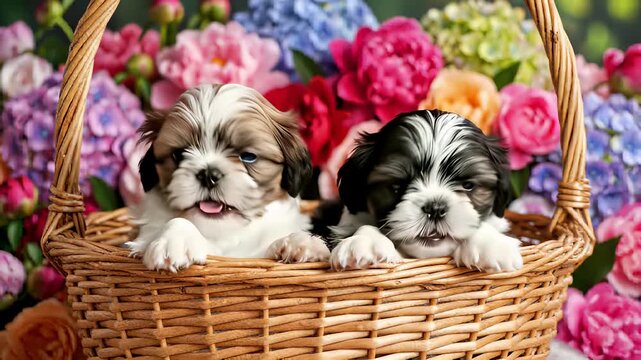 Three adorable shih puppies sit snugly in a wicker basket surrounded by vibrant flowers perfectly capturing the concept of innocence playfulness and unconditional love making it ideal for.