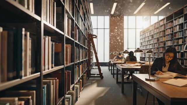A well-lit library interior with tall bookshelves, a ladder, and people studying at tables.