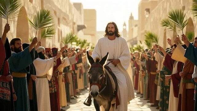 Jesus Christ's triumphal entry into Jerusalem on Palm Sunday. A crowd of people celebrates with palm branches as he rides a donkey. Biblical depiction of a famous New Testament story