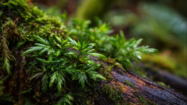 Moss and Ferns Thrive on Decaying Log in Forest

