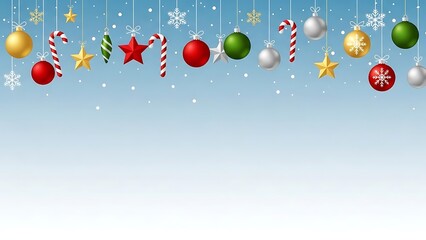 Festive Christmas ornaments and candy canes hanging against a soft blue snowy background create a warm holiday season feeling for greetings and designs