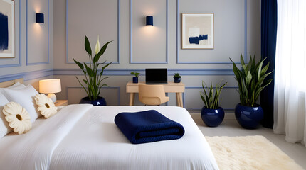 luxurious bedroom interior design with white and Nevi blue 