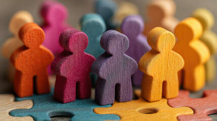 Teamwork and diversity shown by colorful wooden figures joining on jigsaw pieces