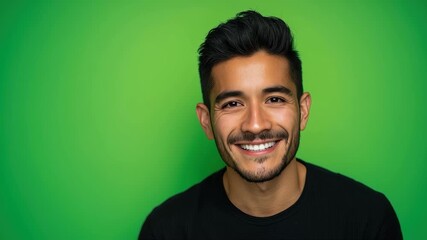 Young hispanic man smiles brightly against a vibrant green background showcasing his friendly demeanor and style in casual fashion
