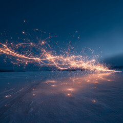 Dynamic sparkler strokes stretching across a wide snowy plain, forming an abstract luminous celebration pattern 32k, full ultra hd, high resolution 