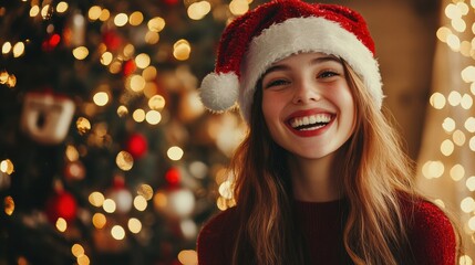 Happy Girl Celebrating Christmas with Decorations at.