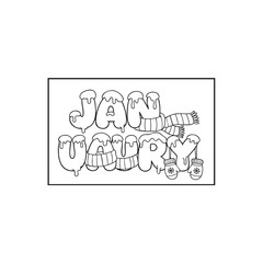 January coloring page vector. Winter text illustration with snow, scarf and mittens. Black and white outline word for kids activity book.